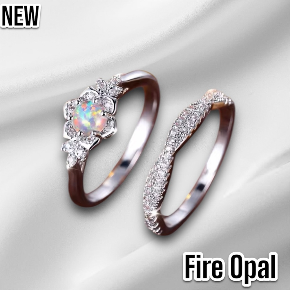 New White Fire Opal Flower CZ Crystal Vintage Wedding Engagement Ring Set